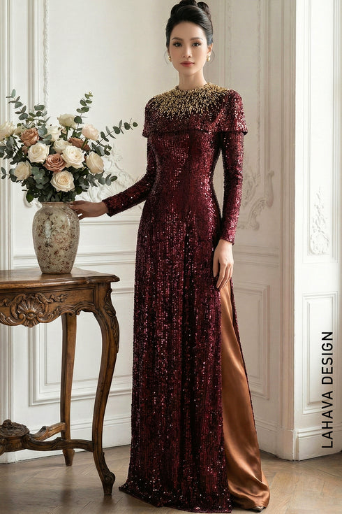Luxurious Burgundy Sequin Ao Dai with Detachable Cape