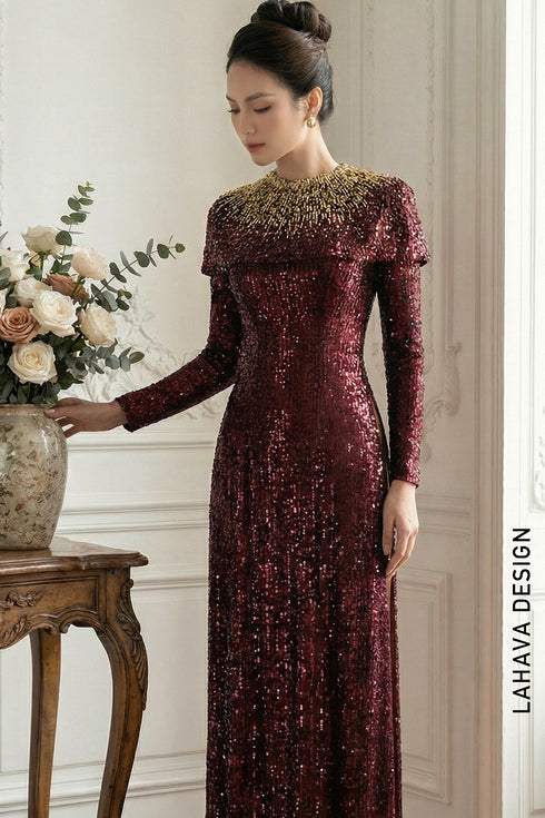Luxurious Burgundy Sequin Ao Dai with Detachable Cape