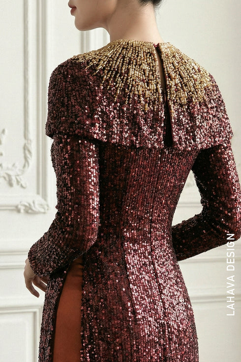 Luxurious Burgundy Sequin Ao Dai with Detachable Cape