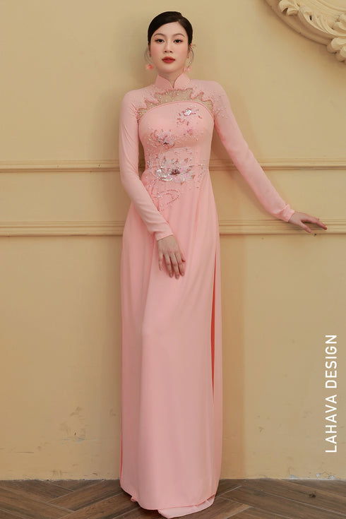 Exquisite Hand-Beaded Pink Lotus Áo Dài