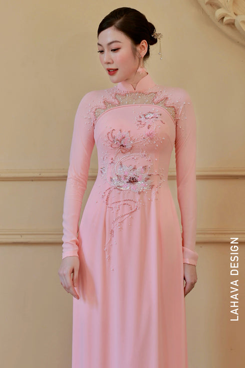 Exquisite Hand-Beaded Pink Lotus Áo Dài