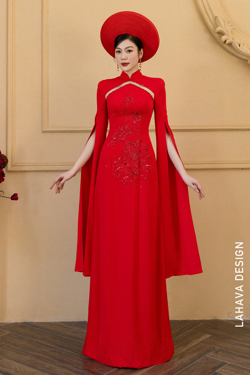 Radiant Red Modern Bridal Áo Dài with Hand-Beaded Lotus Detail