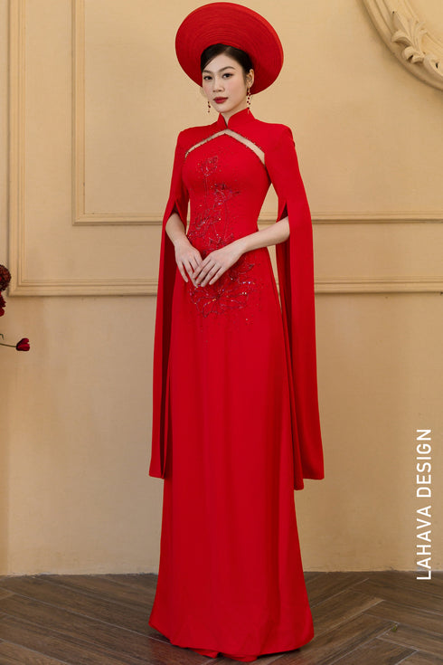 Radiant Red Modern Bridal Áo Dài with Hand-Beaded Lotus Detail