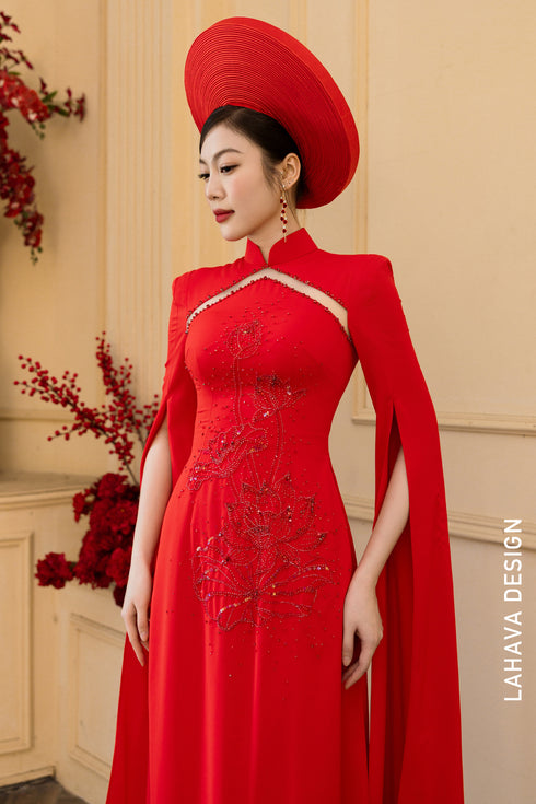 Radiant Red Modern Bridal Áo Dài with Hand-Beaded Lotus Detail