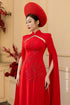 Radiant Red Modern Bridal Áo Dài with Hand-Beaded Lotus Detail