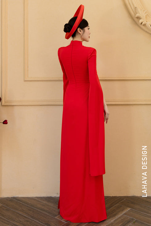 Radiant Red Modern Bridal Áo Dài with Hand-Beaded Lotus Detail