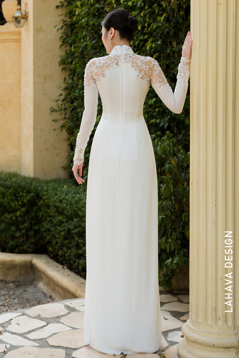 Sophisticated White Áo Dài with Beaded Waterfall Embroidery