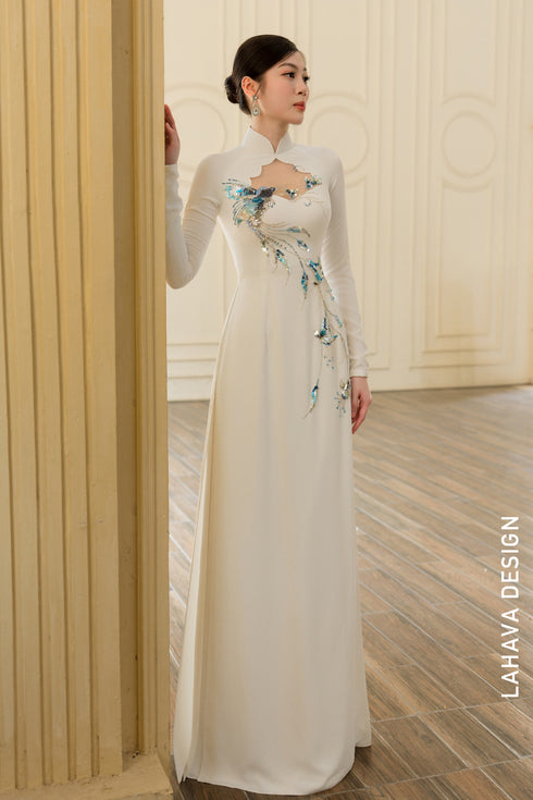 Artistic White Áo Dài with Turquoise Phoenix Beading