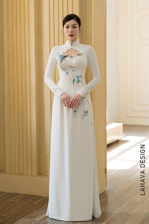 Artistic White Áo Dài with Turquoise Phoenix Beading