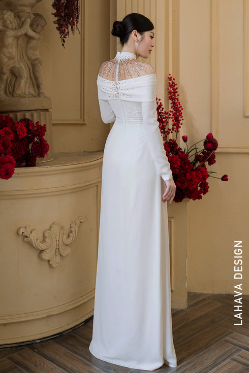 Timeless White Draped Bridal Áo Dài with Illusion Crystal Neckline