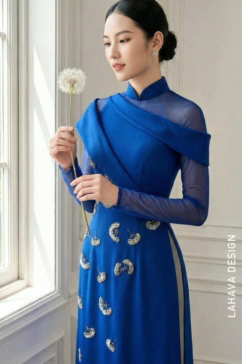 Royal Blue Evening Ao Dai with Crystal Dandelion Embellishments