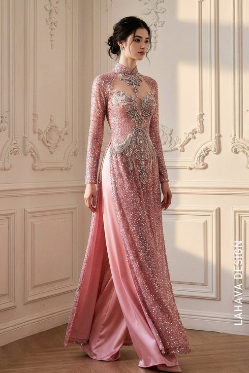 Luxurious Crystal-Beaded Sequin Ao Dai
