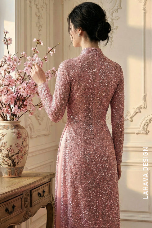 Luxurious Crystal-Beaded Sequin Ao Dai