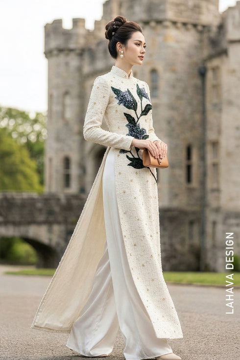 Elegant Hand-Embroidered Tweed Ao Dai