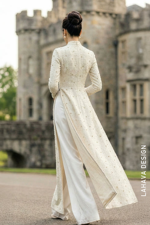 Elegant Hand-Embroidered Tweed Ao Dai