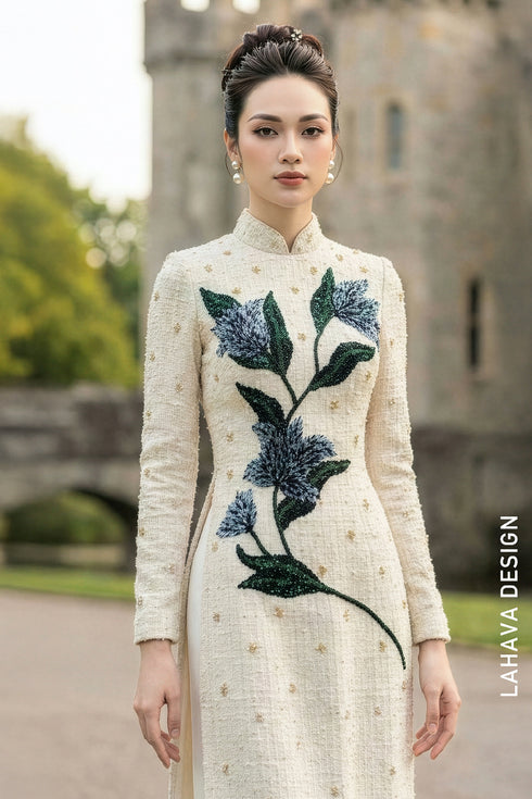 Elegant Hand-Embroidered Tweed Ao Dai