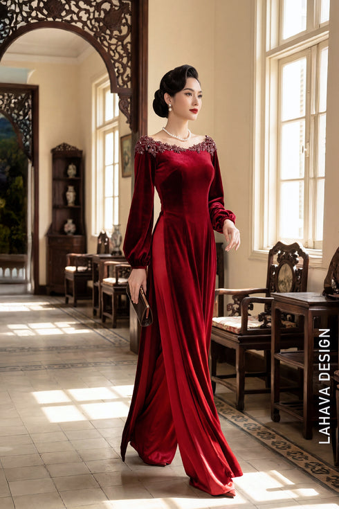 Exquisite Bordeaux Velvet Ao Dai with Hand-Beaded Embellishments
