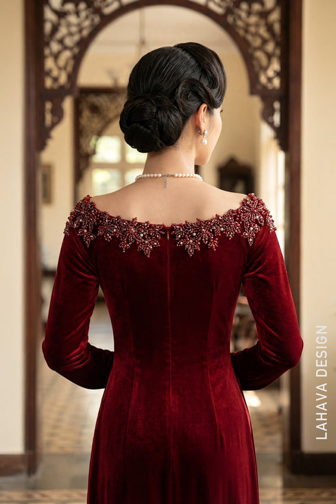 Exquisite Bordeaux Velvet Ao Dai with Hand-Beaded Embellishments