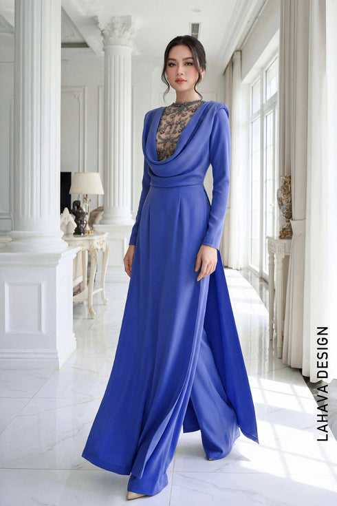 Royal Blue Modernized Ao Dai with Cowl Neck and Intricate Hand-Beading