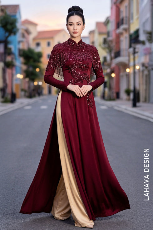 The Imperial Maroon Dragon Áo Dài – Modern Elegance