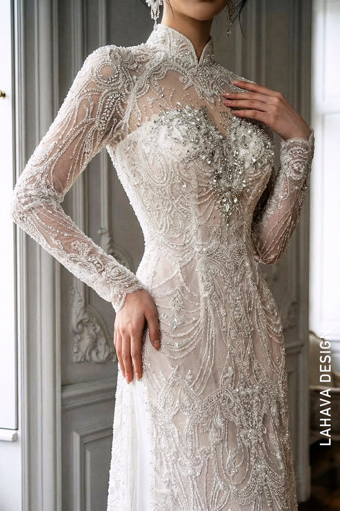 Premium Embellished White Bridal Ao Dai – Elegant & Radiant Beauty