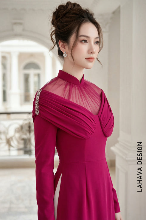 Sophisticated Magenta Draped Ao Dai with Sheer Mesh Detail