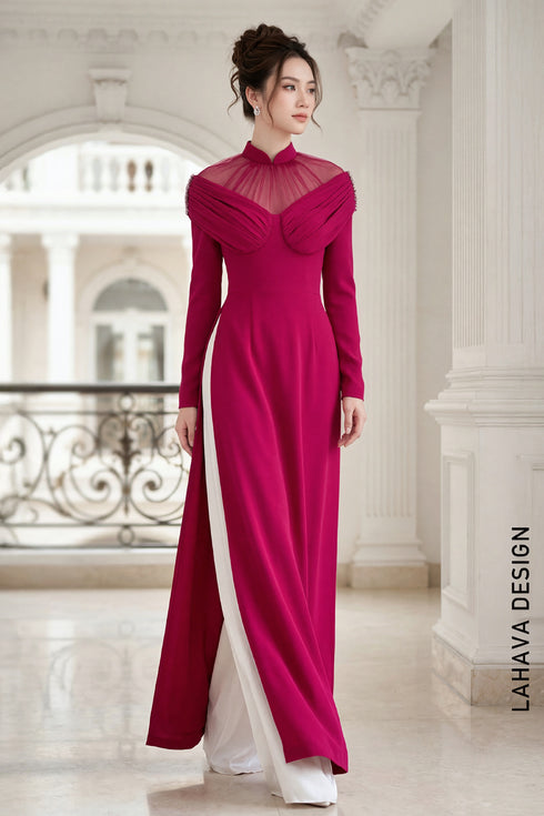 Sophisticated Magenta Draped Ao Dai with Sheer Mesh Detail