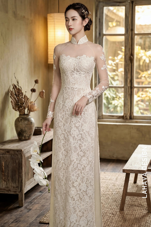 Elegant Ivory Floral Lace Bridal Ao Dai - LAD407