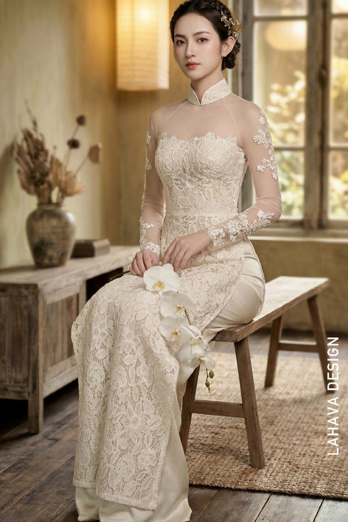 Elegant Ivory Floral Lace Bridal Ao Dai - LAD407