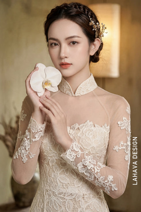 Elegant Ivory Floral Lace Bridal Ao Dai - LAD407