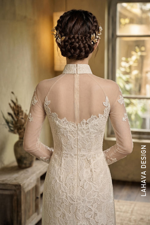 Elegant Ivory Floral Lace Bridal Ao Dai - LAD407