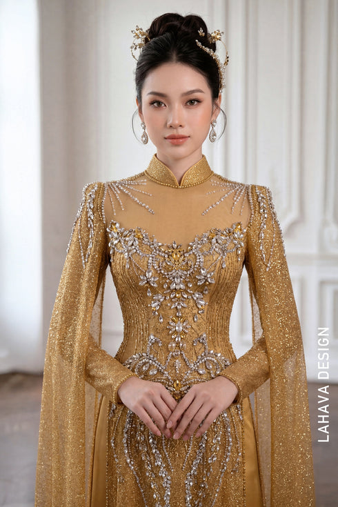 Royal Gold Embellished Ao Dai with Elegant Cape Sleeves