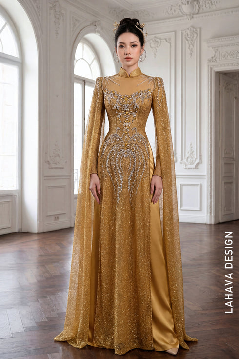 Royal Gold Embellished Ao Dai with Elegant Cape Sleeves