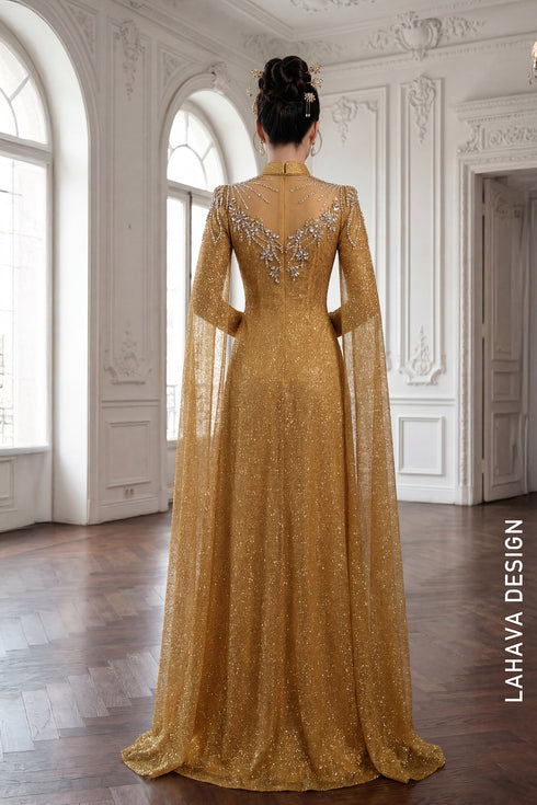 Royal Gold Embellished Ao Dai with Elegant Cape Sleeves