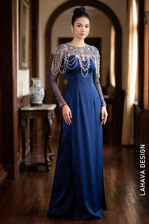 Sophisticated Navy Blue Ao Dai with Luxury Pearl Embellishments
