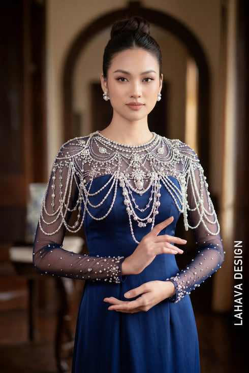 Sophisticated Navy Blue Ao Dai with Luxury Pearl Embellishments