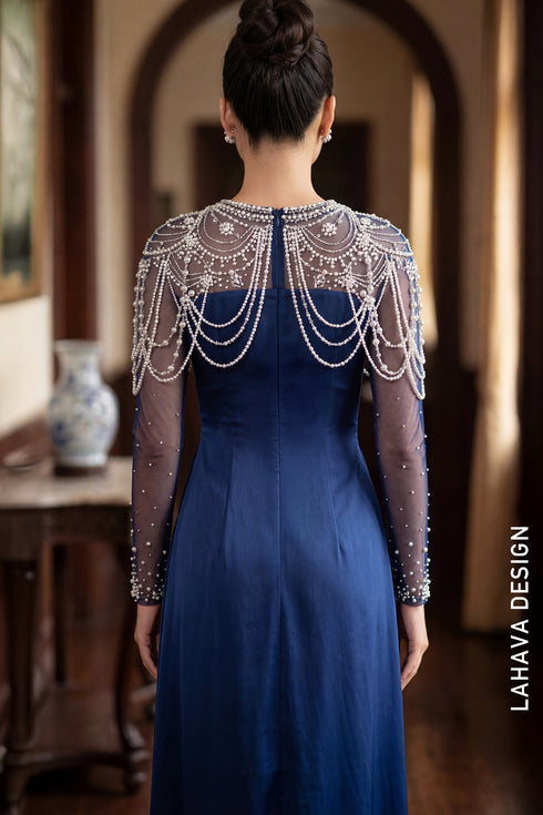 Sophisticated Navy Blue Ao Dai with Luxury Pearl Embellishments