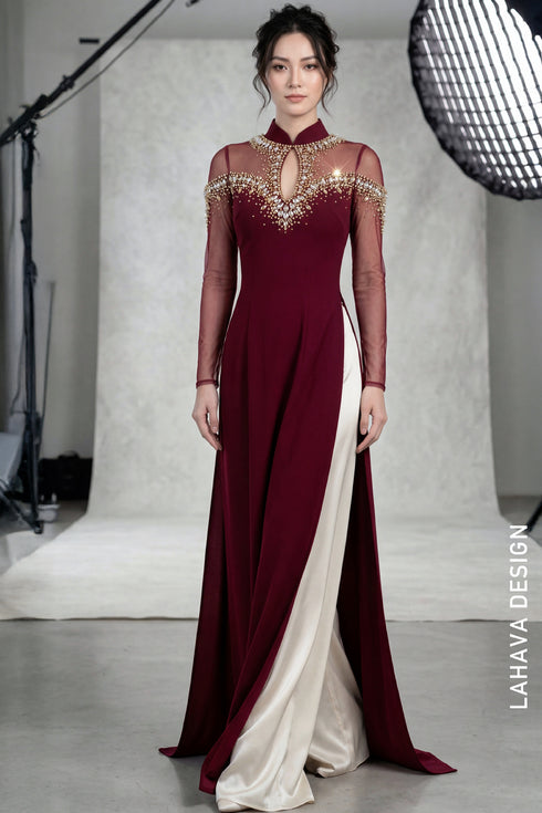 Regal Burgundy Modern Ao Dai with Intricate Crystal Beadwork