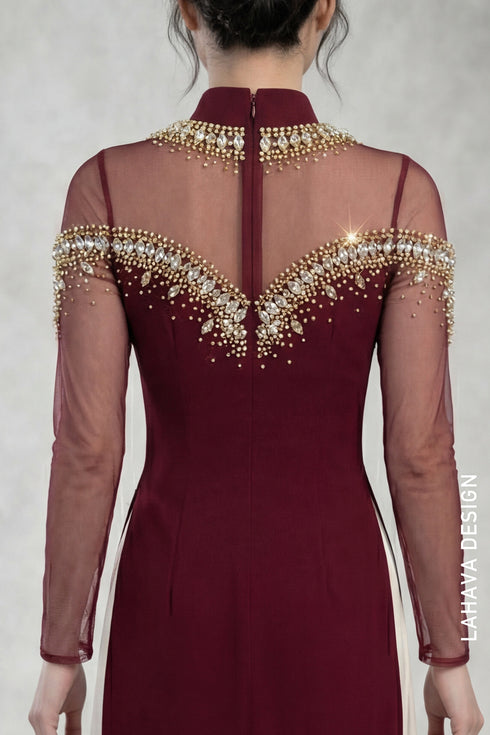 Regal Burgundy Modern Ao Dai with Intricate Crystal Beadwork