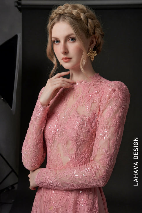 Premium Pastel Pink Sequin Lace Áo Dài