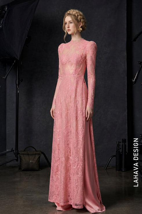 Premium Pastel Pink Sequin Lace Áo Dài