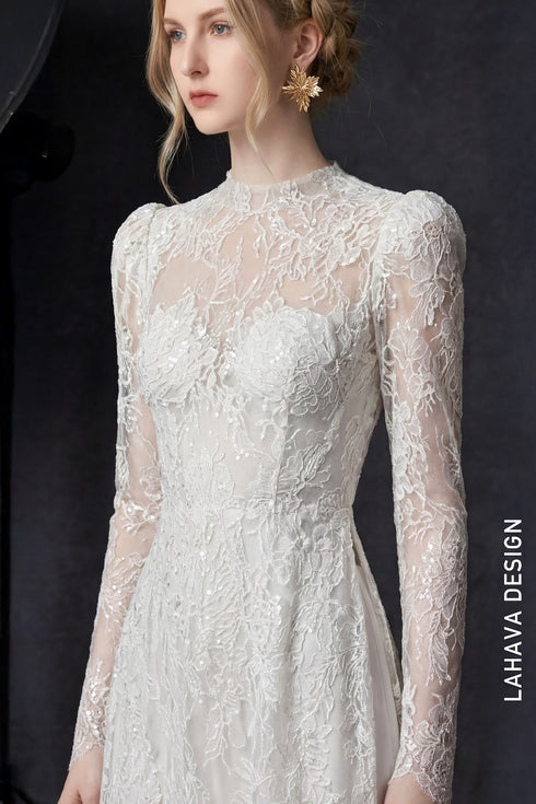 Premium Pastel Pink Sequin Lace Áo Dài