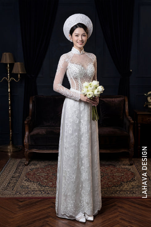 Exquisite White Illusion Lace Bridal Ao Dai
