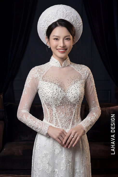 Exquisite White Illusion Lace Bridal Ao Dai