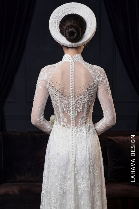 Exquisite White Illusion Lace Bridal Ao Dai