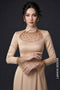Beige Pearl-Beaded Satin Party Ao Dai