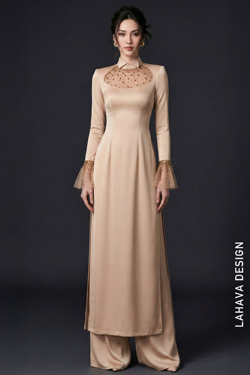 Beige Pearl-Beaded Satin Party Ao Dai