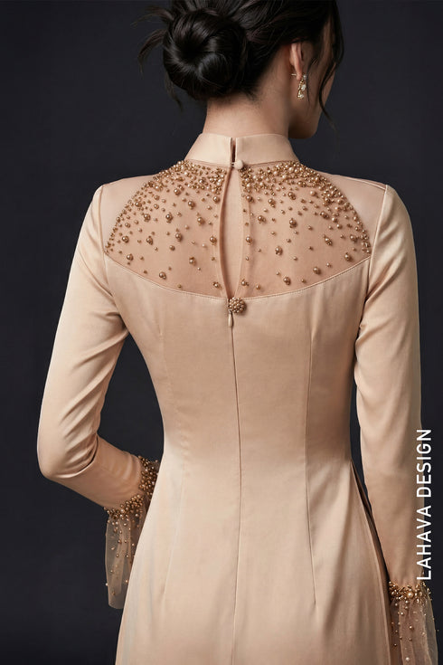 Beige Pearl-Beaded Satin Party Ao Dai