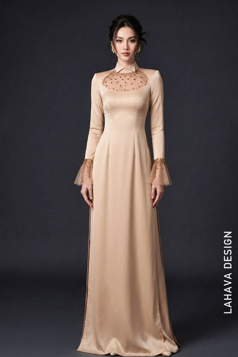 Beige Pearl-Beaded Satin Party Ao Dai
