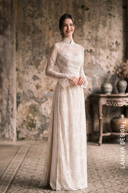Elegant White Lace Ao Dai with Draped Bodice Detail